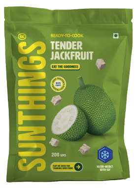 Green package of Sunthings Ready-to-Cook Tender Jackfruit weighing 200 grams with images of whole and sliced jackfruit and non-GMO and nutri-intact labels.