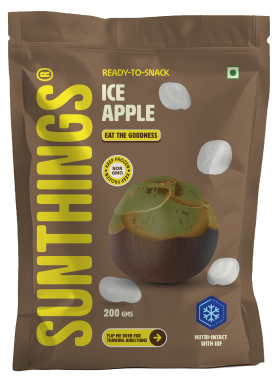 Pack of Sunthings Ready-to-Snack Ice Apple with images of ice apples and text highlighting non-GMO and nutrient content.