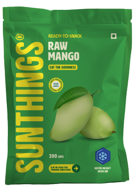 Green package of Sunthings Ready-To-Snack Raw Mango with an image of two raw mangoes and a leaf on the front.