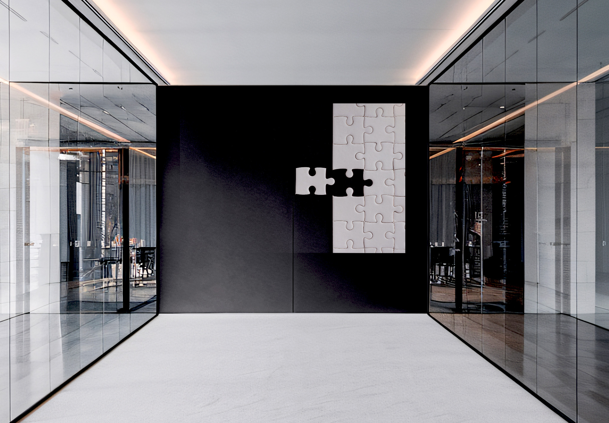 Moderne kontorinngang med glassvegger og puslespill på svart bakgrunn med en manglende brikke.
