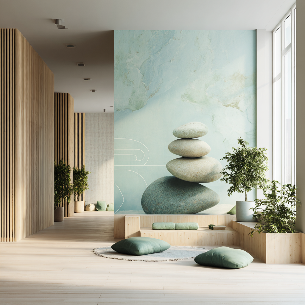 Rolige salongput-er på gulvet foran en murvegg med et stort bilde av stablede steiner, omgitt av grønne planter og trepaneler.