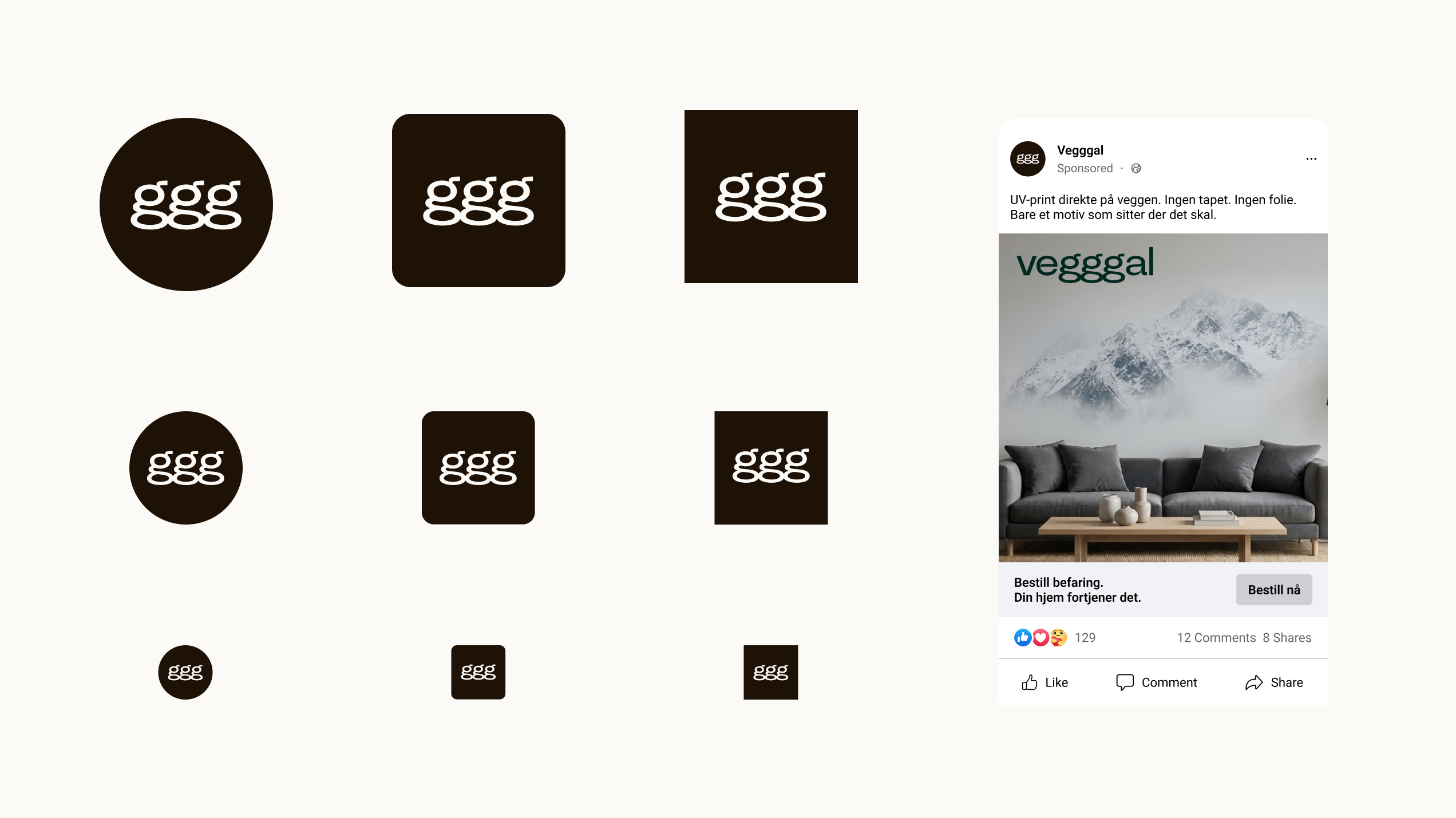 Ulike størrelser og former av logoen med hvit "ggg"-tekst på svart bakgrunn og skjermbilde av et Vegggal-annonse med bilde av en sofa og fjellveggdekor.
