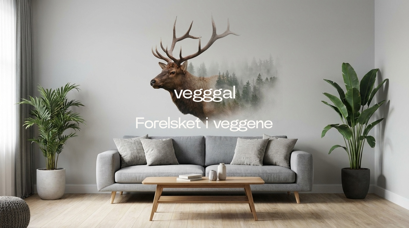 Moderne stue med grå sofa, kaffebord og store grønne planter, på veggen et kunstverk av en elg med skog integrert i kroppen.