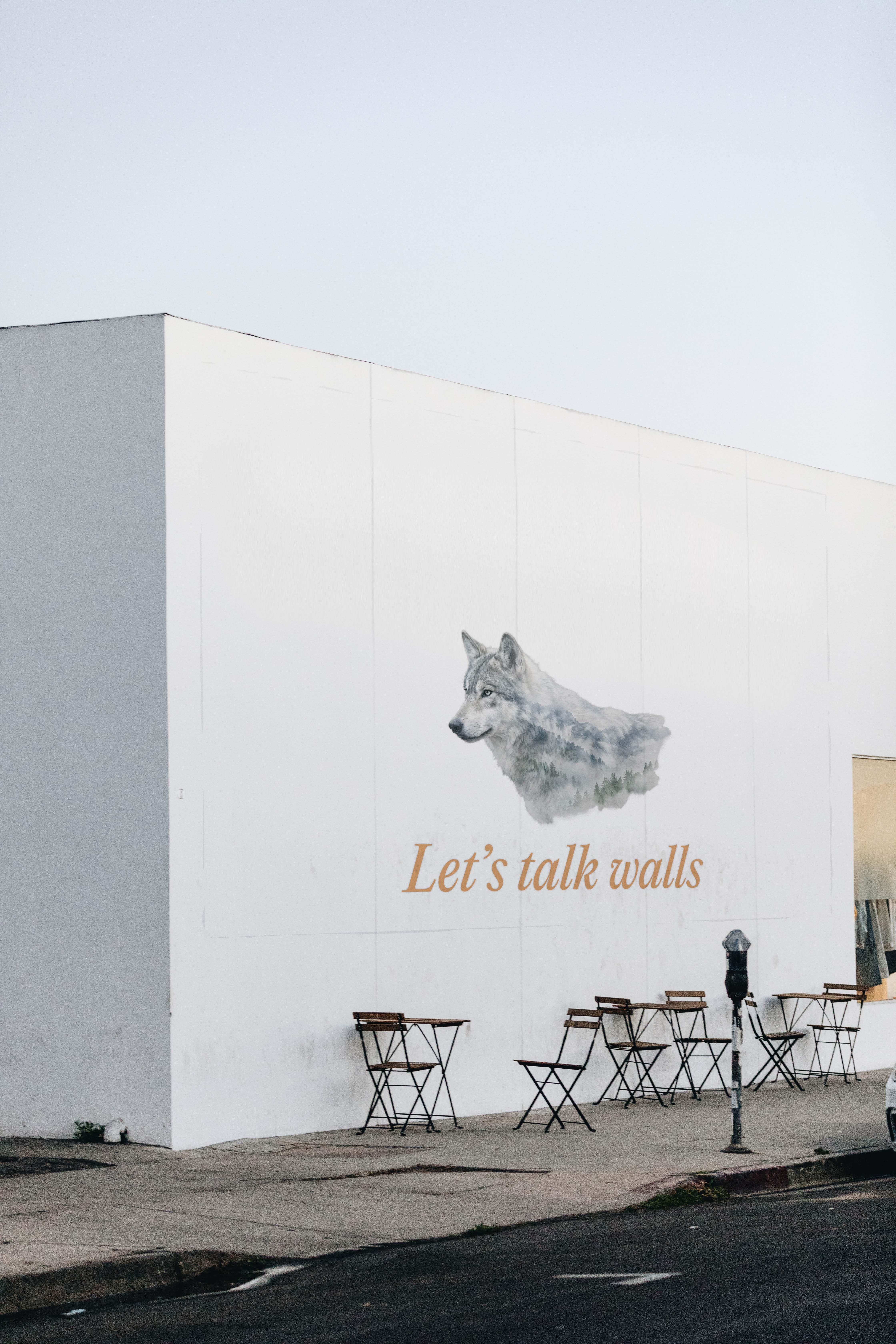 Hvit vegg med et bilde av en ulv og teksten «Let's talk walls», ved siden av flere sammenleggbare bord og stoler på fortauet.