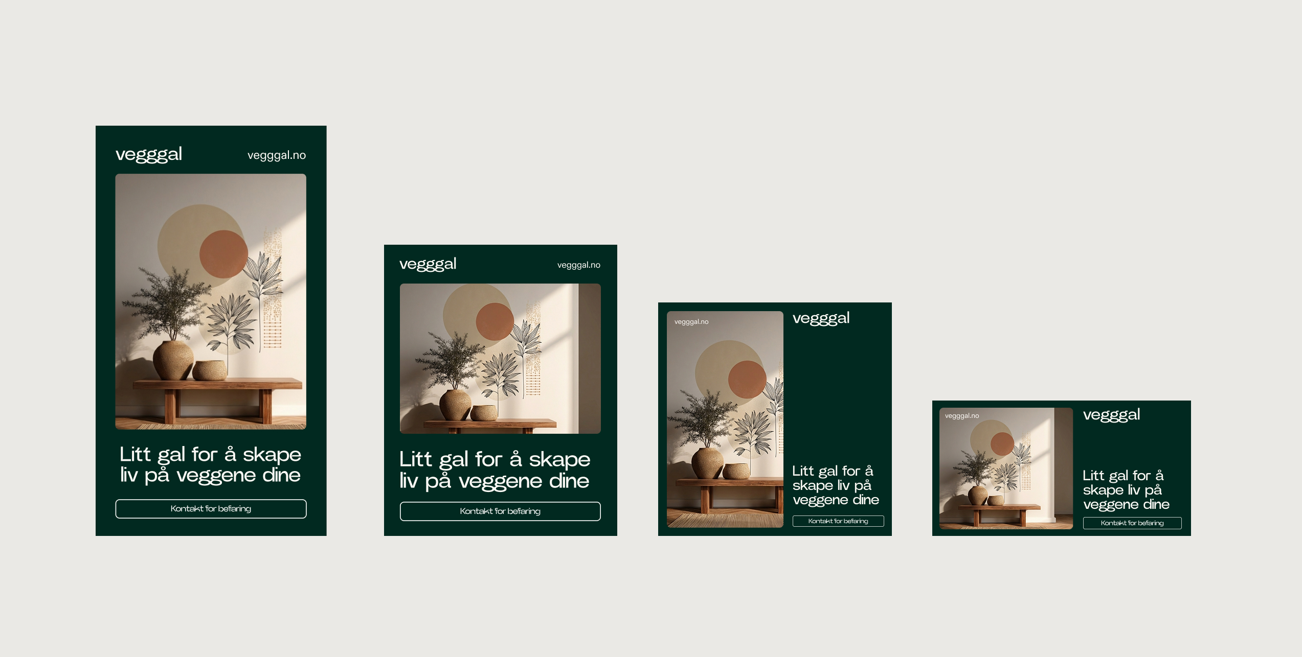 Interiørbilde av en benk med to keramikkvaser foran en vegg med abstrakte sirkler og planteillustrasjoner, med teksten 'Litt gal for å skape liv på veggene dine' og en kontaktknapp.