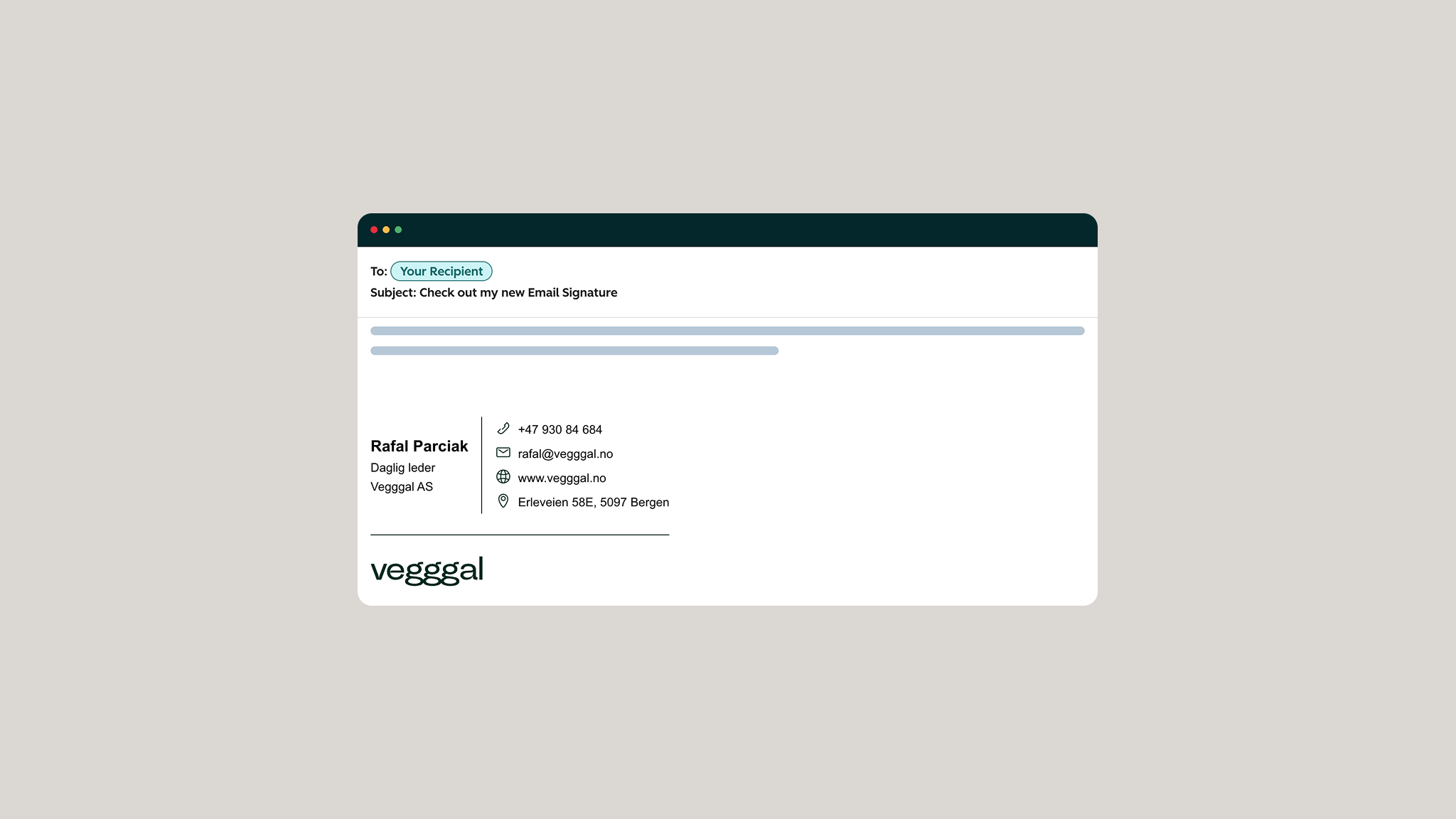 E-postvindu som viser en signatur med navn Rafal Parciak, tittel Daglig leder, selskap Vegggal AS, telefonnummer, e-postadresse, nettside og adresse i Bergen, med Vegggal-logo nederst.