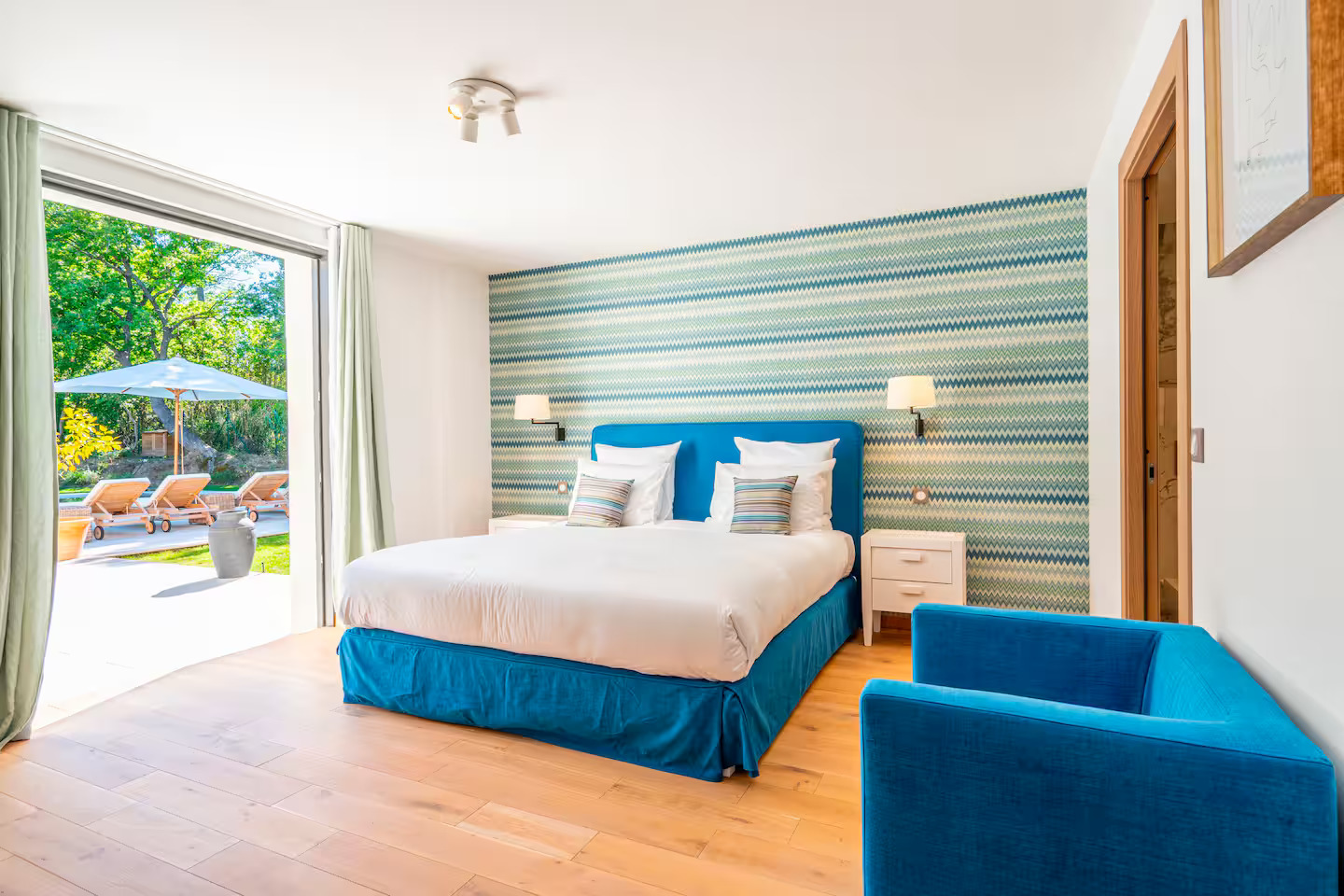 Villa AMELIE â Bedroom with blue headboard, Saint-Tropez