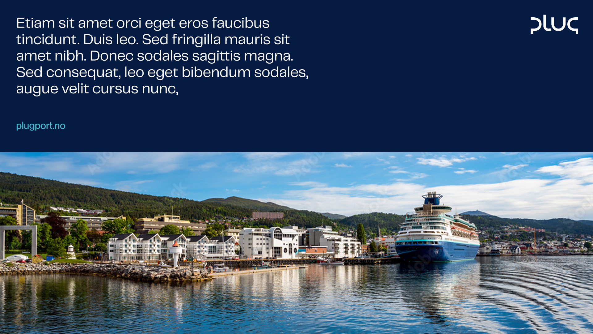 Coastal town with modern white buildings, green hills, and a large cruise ship docked in calm water under a partly cloudy sky.
