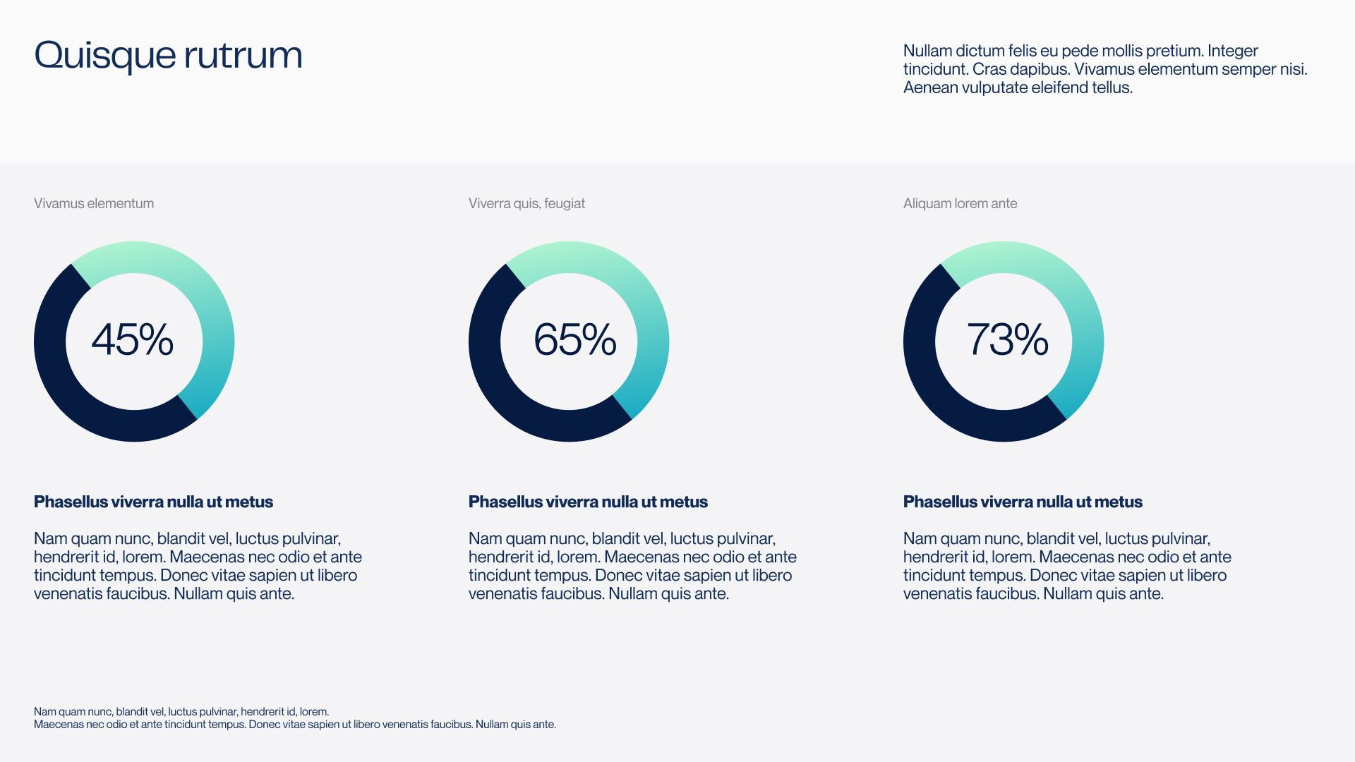 Three circular progress charts showing 45%, 65%, and 73% with accompanying placeholder text headings and paragraphs.