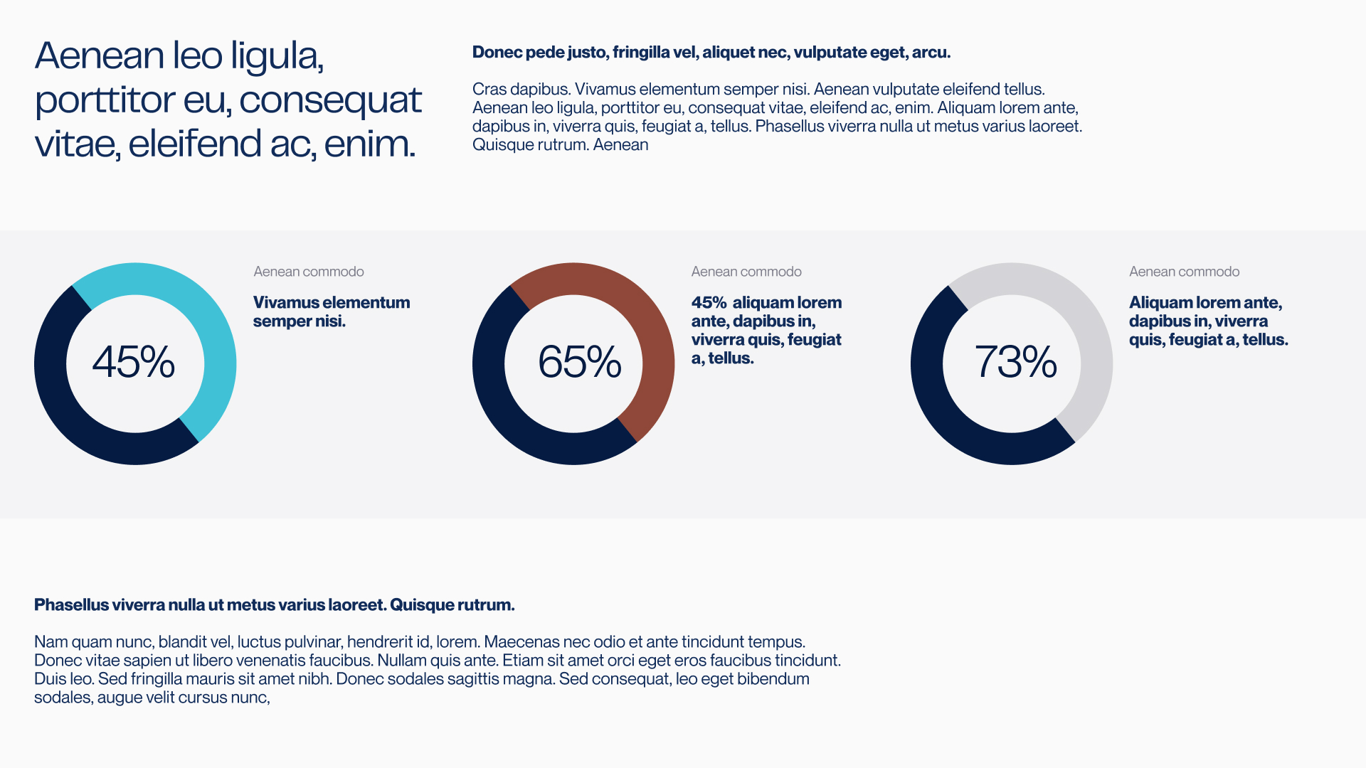 Three circular progress charts showing 45%, 65%, and 73% with accompanying text blocks and headlines in a two-tone layout.