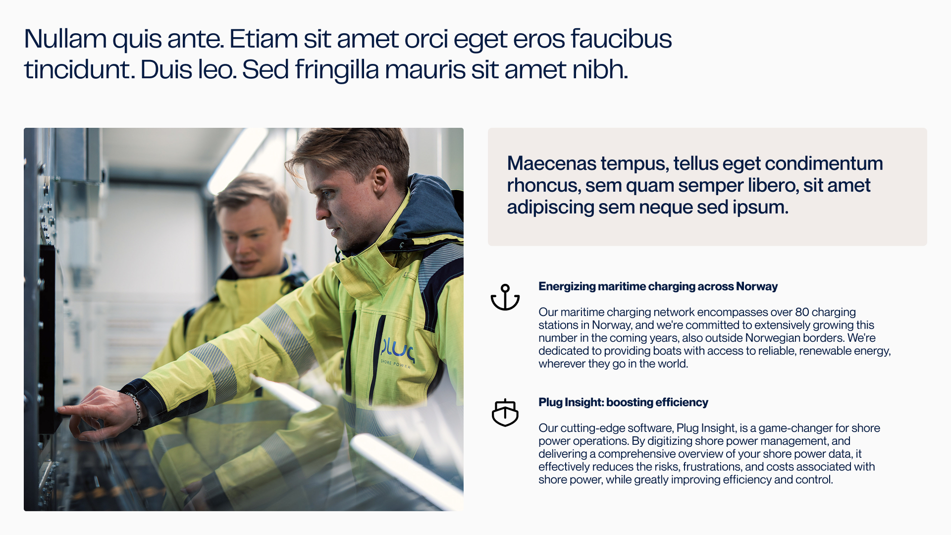 Two men in yellow high-visibility jackets operate control panels inside a technical room, next to text about maritime charging in Norway and Plug Insight software.