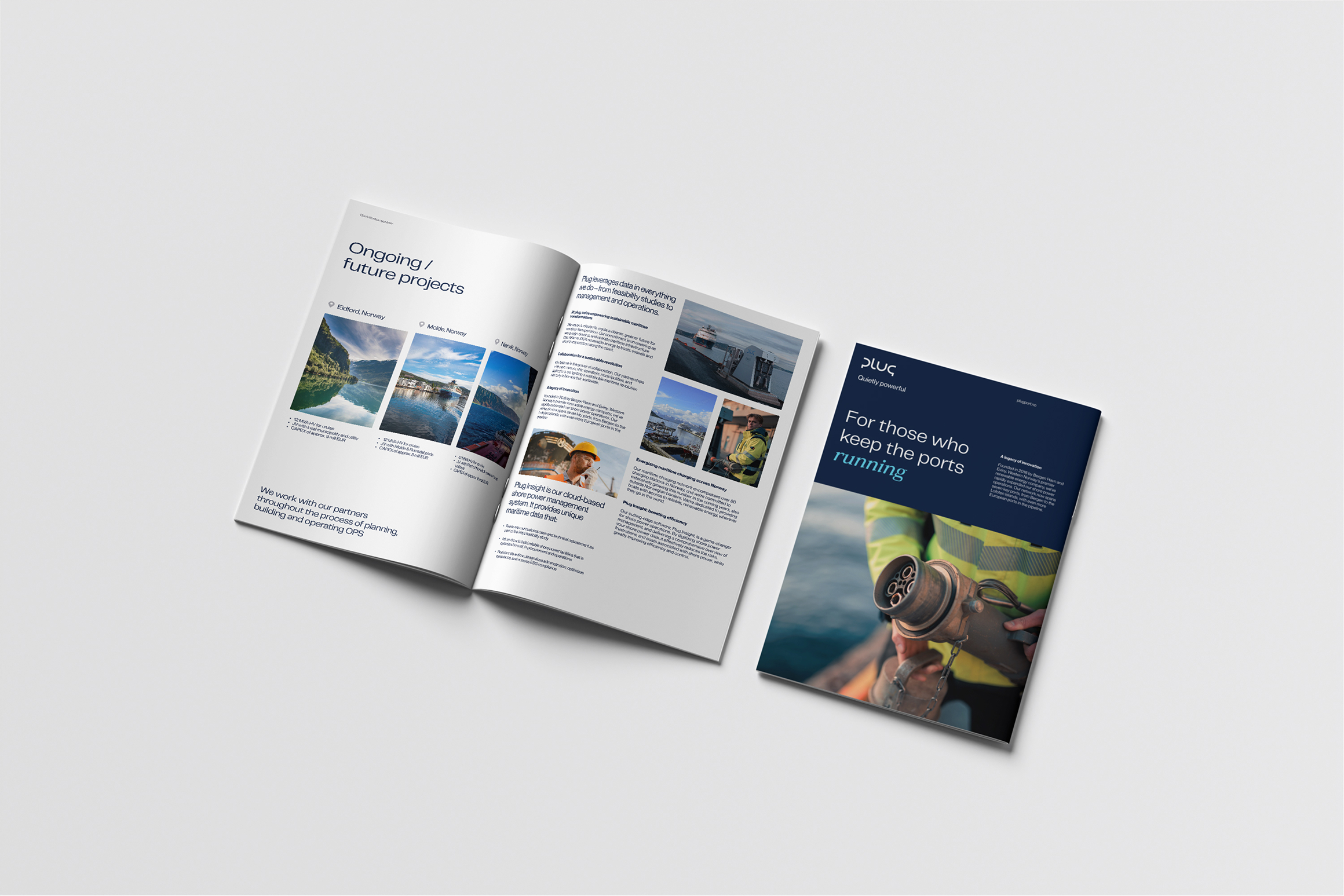 Open brochure featuring ongoing and future projects with images of Norwegian ports and a cover page titled 'For those who keep the ports running' showing a person in a safety vest holding a large marine connector.