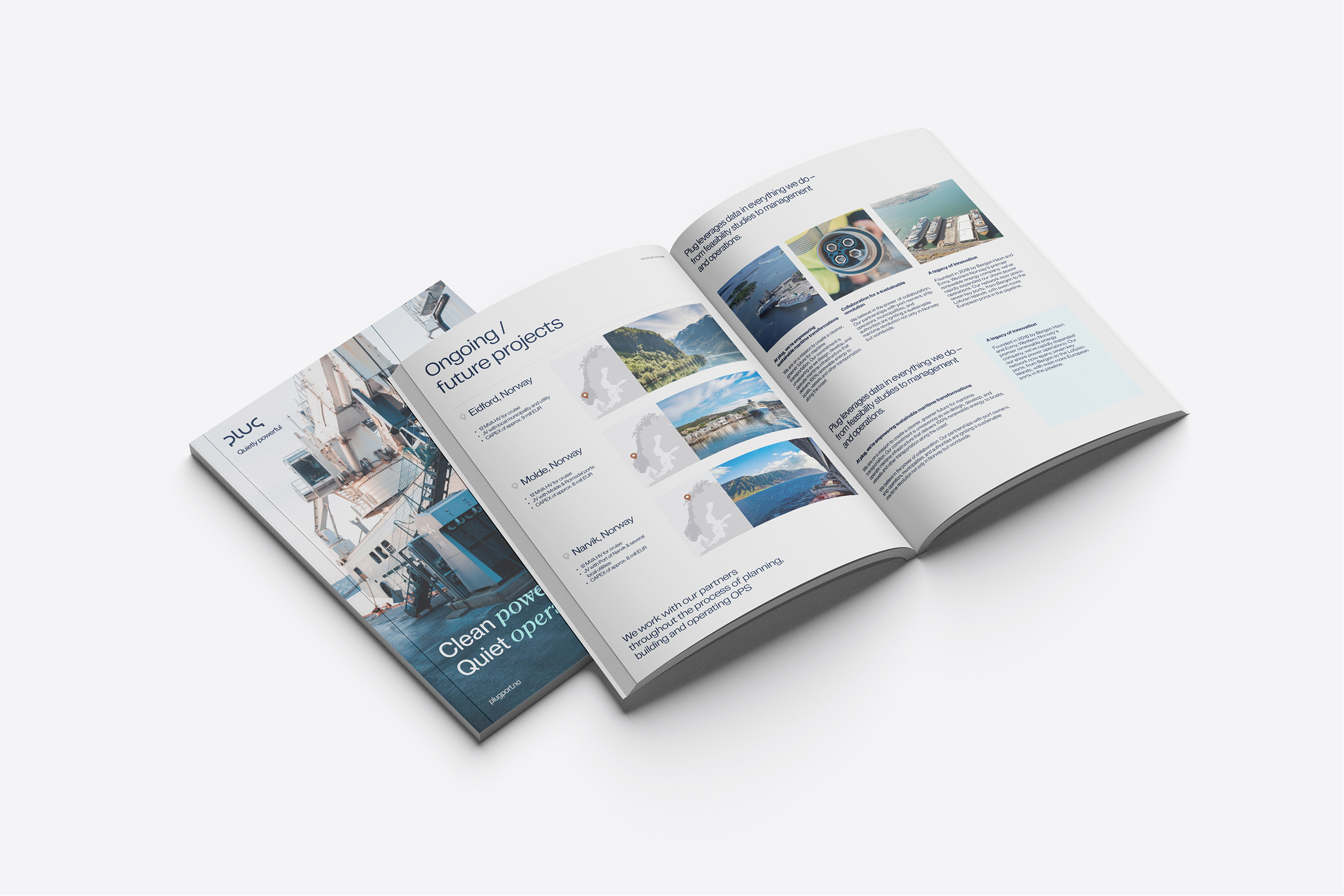 Open brochure showing ongoing and future projects in Norway with images of landscapes and facilities, alongside text detailing project locations and descriptions.