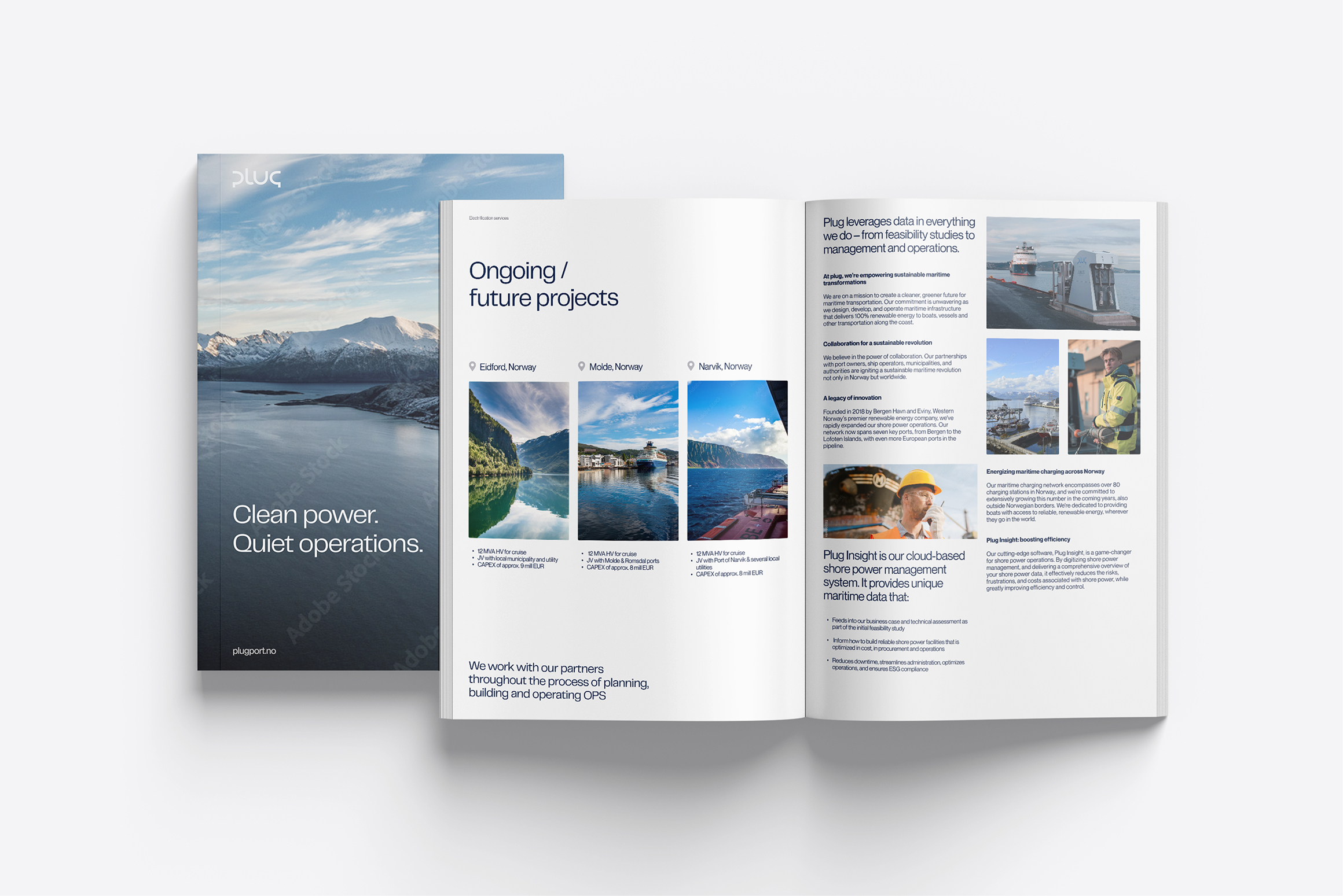 Open catalog showing a cover with a mountain and fjord landscape with text 'Clean power. Quiet operations.', and inside pages describing ongoing and future projects in Norwegian ports with project details and images of vessels and maritime operations.