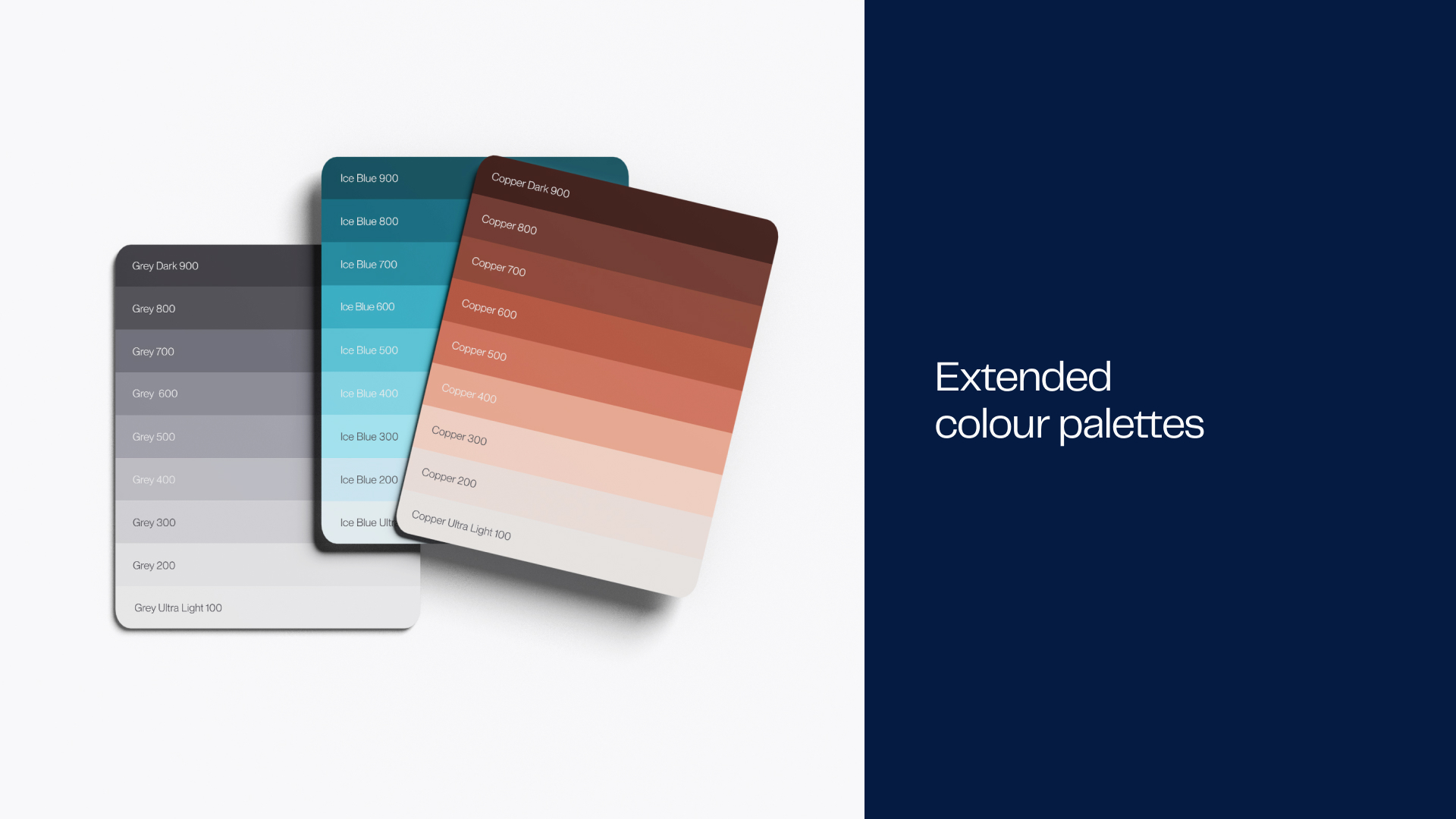 Three color palette cards showing gradients of grey, ice blue, and copper shades with labels.