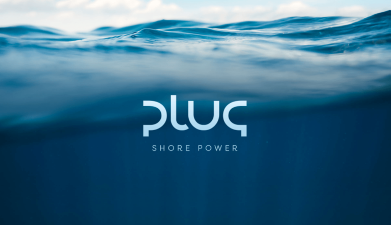 Logo for Plug Shore Power over a blue underwater ocean background with visible waves.