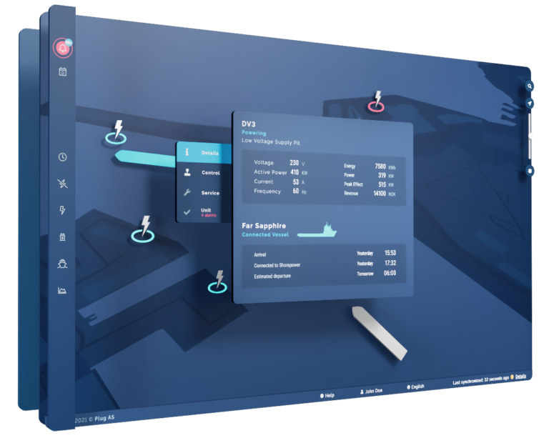 Digital interface showing power supply details for Low Voltage Supply Pit DV3 and connected vessel Far Sapphire with voltage, power, current, frequency, energy, and revenue data.