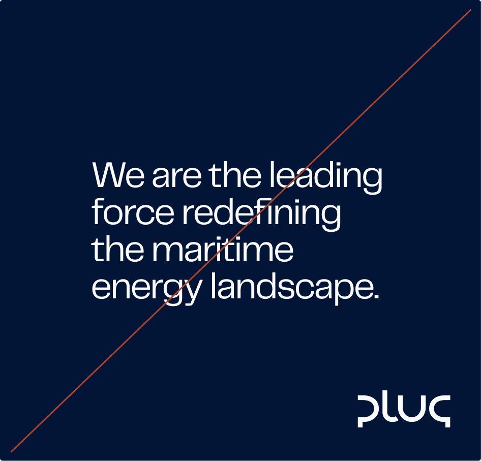 Tekst på mørk bakgrunn: 'We are the leading force redefining the maritime energy landscape.' med Pluq-logo nederst til høyre.
