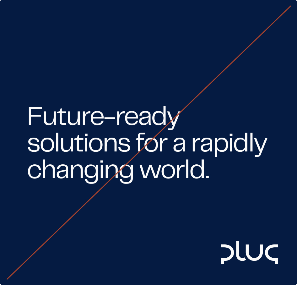 Dark blue background with white text saying 'Future-ready solutions for a rapidly changing world.' and a Pluq logo in the bottom right corner.