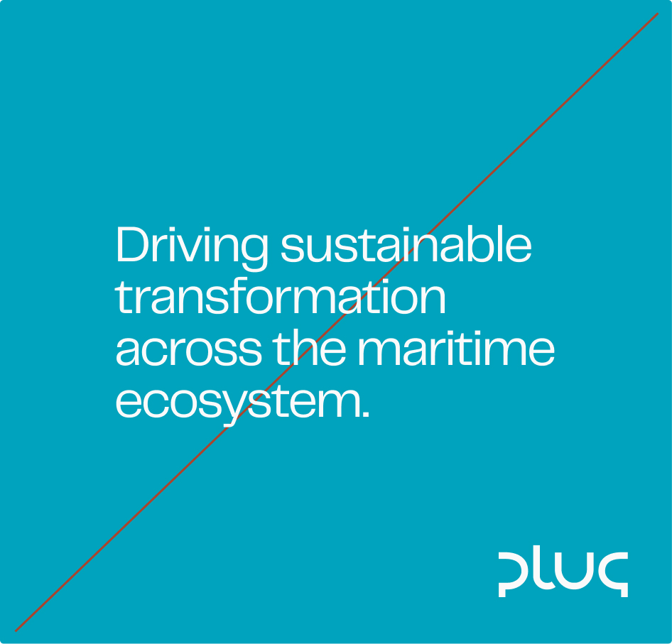 White text on blue background reads: Driving sustainable transformation across the maritime ecosystem with Plug logo in bottom right.