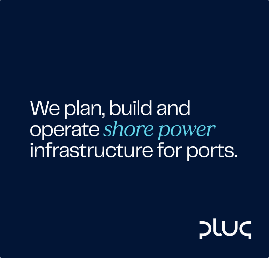 Text stating 'We plan, build and operate shore power infrastructure for ports' on a dark blue background with the Pluq logo.