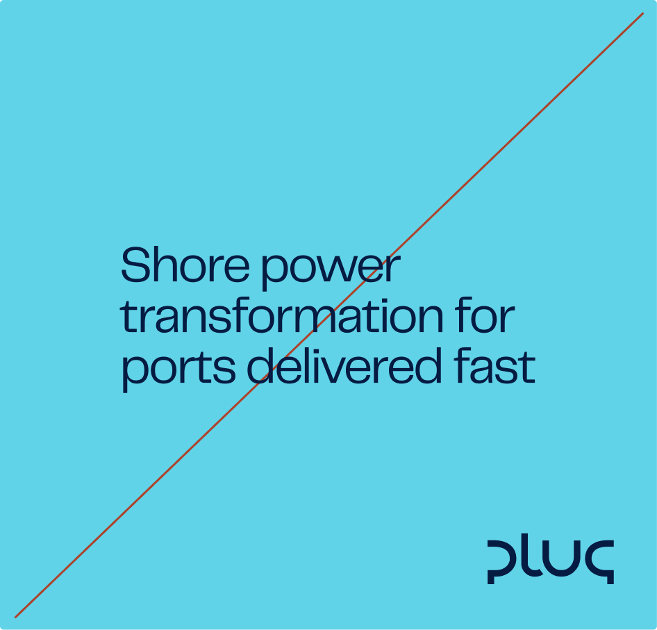 Blue background with text 'Shore power transformation for ports delivered fast' and a diagonal red line crossing the image with the 'pluq' logo in the bottom right corner.