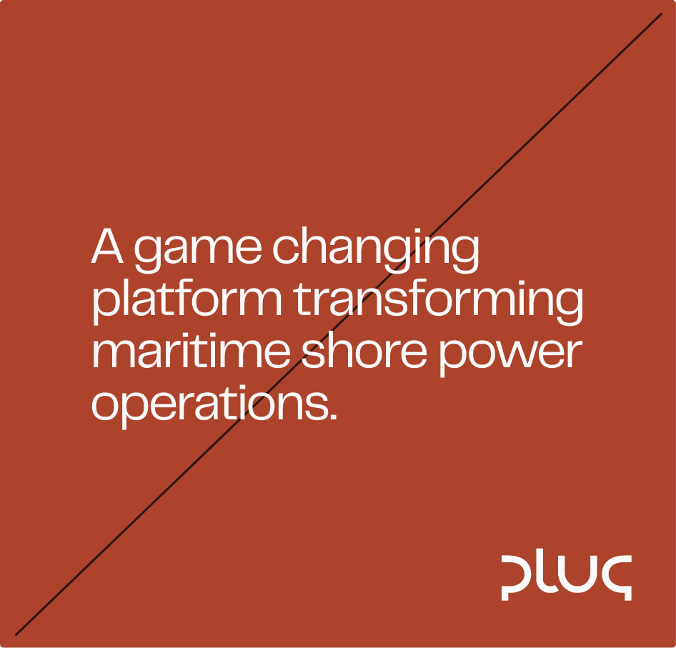 Text on a rust-colored background reading 'A game changing platform transforming maritime shore power operations.' with a diagonal line and the plugs logo in the bottom right.