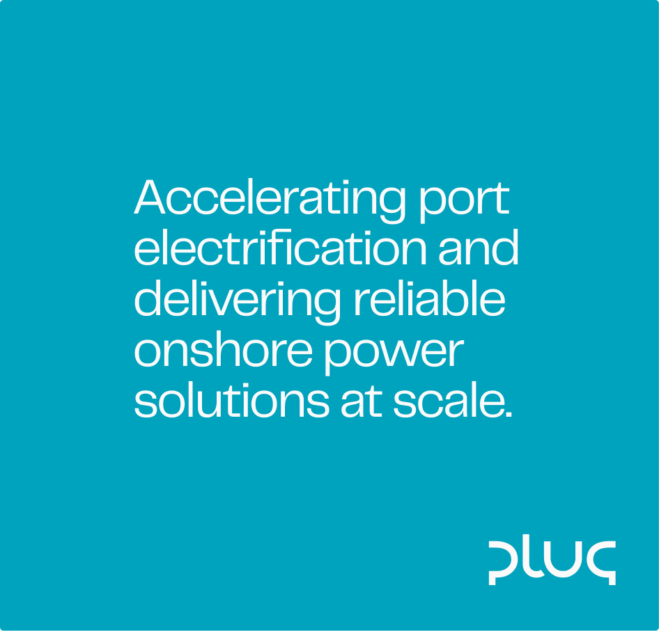 White text on blue background stating: Accelerating port electrification and delivering reliable onshore power solutions at scale, with Plug logo.