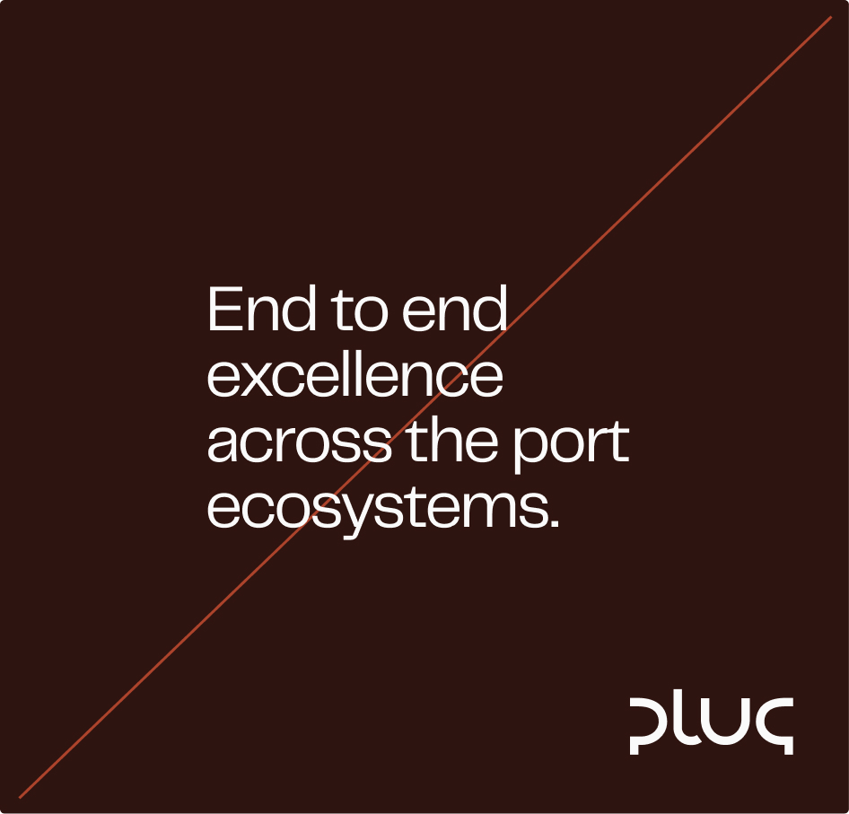 White text 'End to end excellence across the port ecosystems.' on dark brown background with a diagonal orange line and the Pluq logo in the bottom right corner.