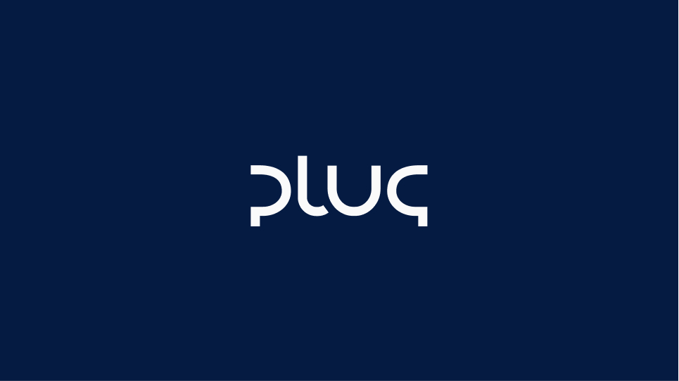 White stylized text 'plug' on a deep blue background.
