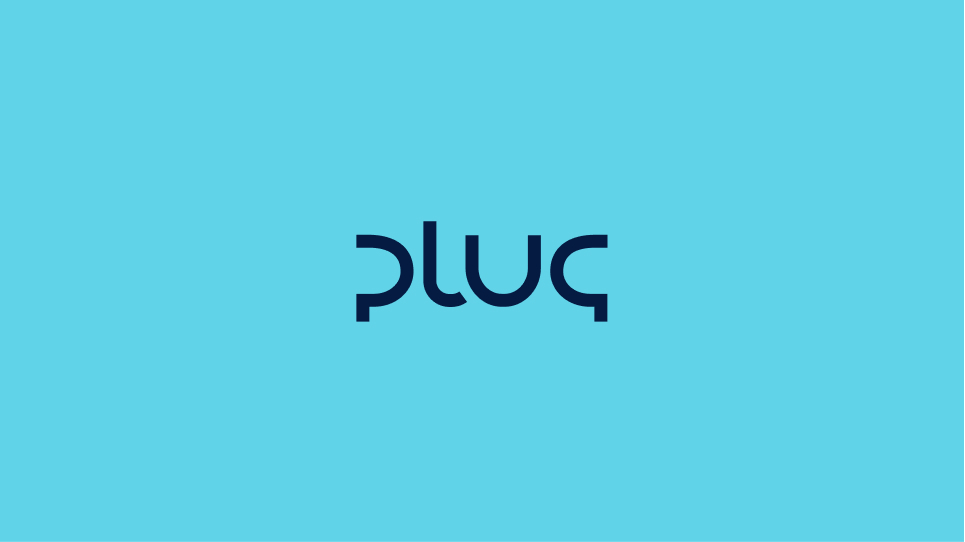 Stylized dark blue word 'plug' on a light blue background.
