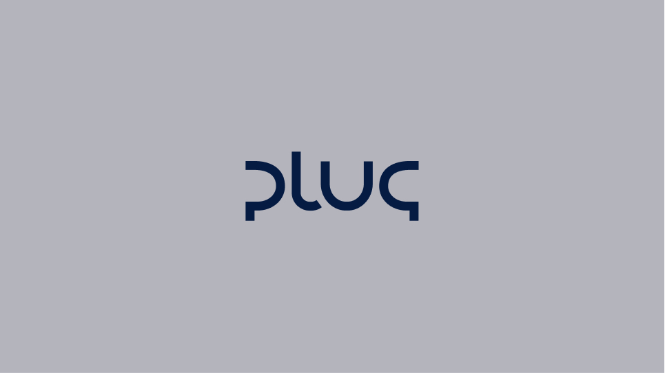 Dark blue text spelling 'plug' in a modern, stylized font on a light grey background.