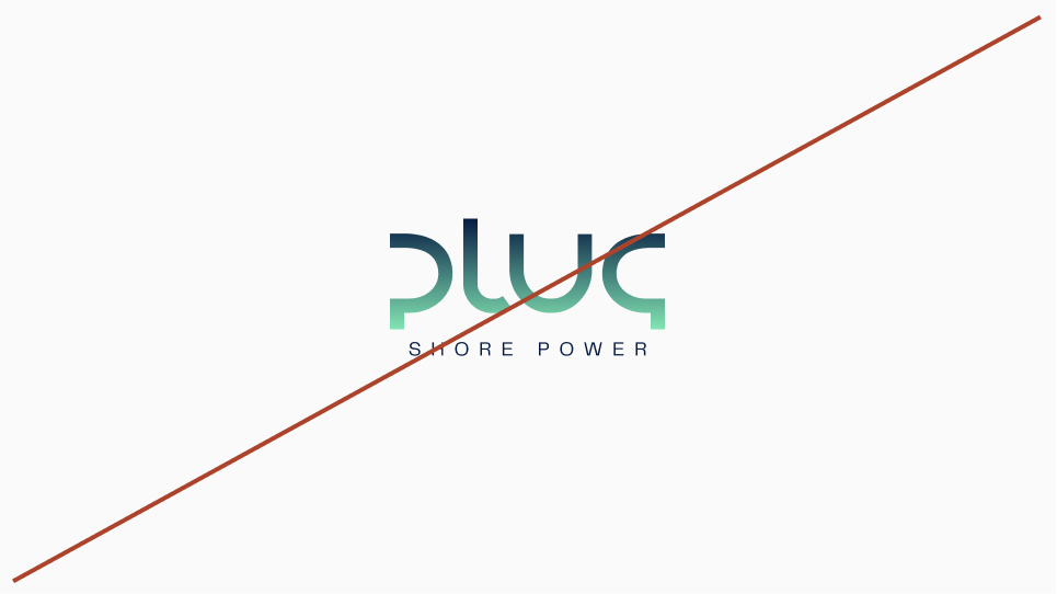 Pluc Shore Power logo with a diagonal brown line crossing over it.