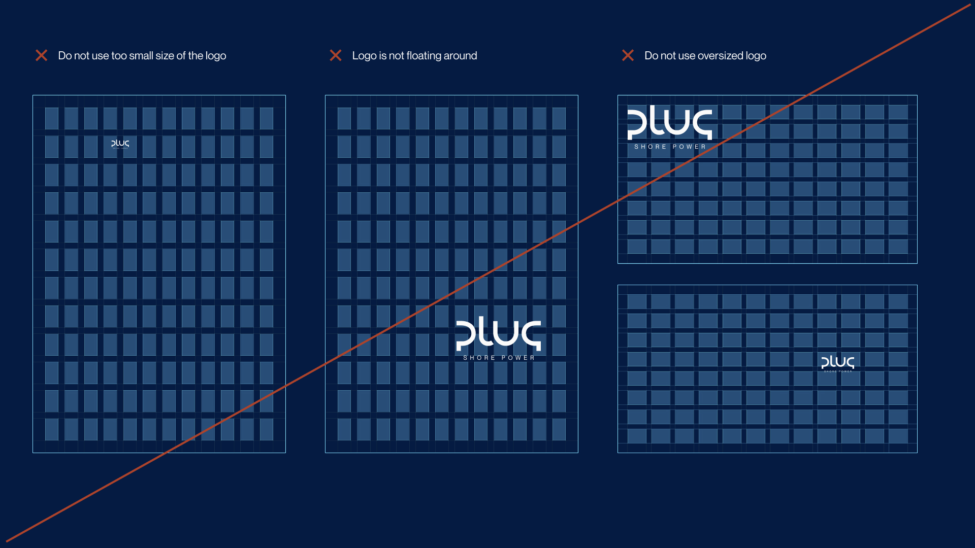 Graphic showing incorrect uses of the Plug Shore Power logo: too small logo, logo floating away from grid center, and oversized logos in upper left and lower right corners.