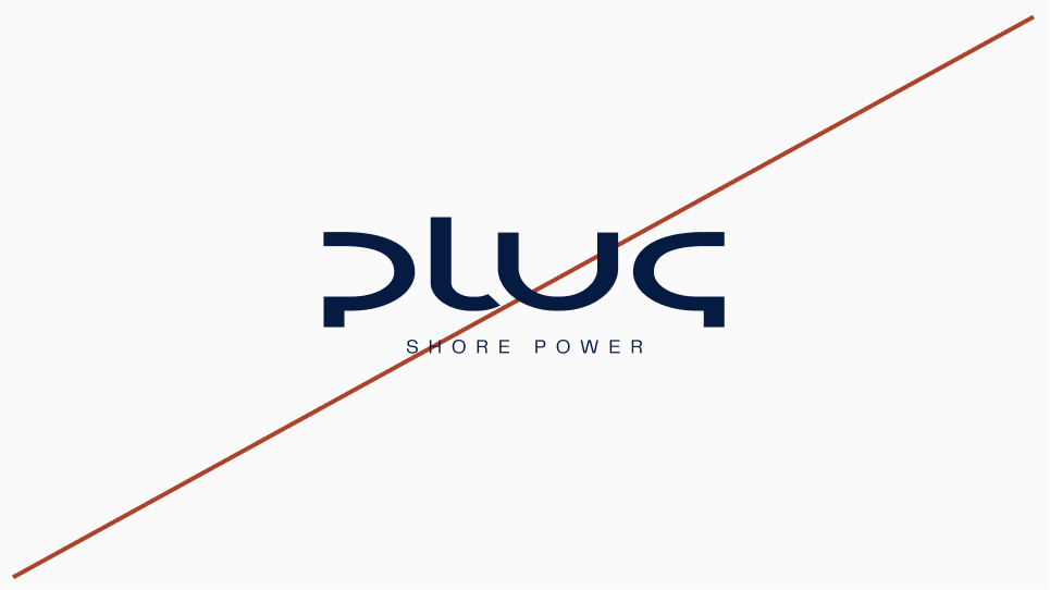 Blue text logo with the word 'plug' stylized, and 'shore power' written underneath crossed out by a diagonal rust-colored line.