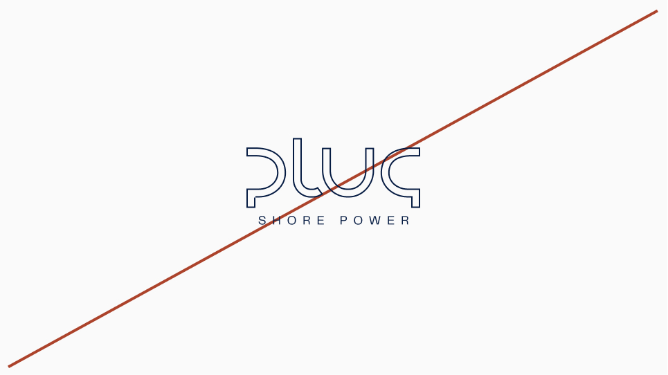 Pluc Shore Power logo with a diagonal red line crossing it.