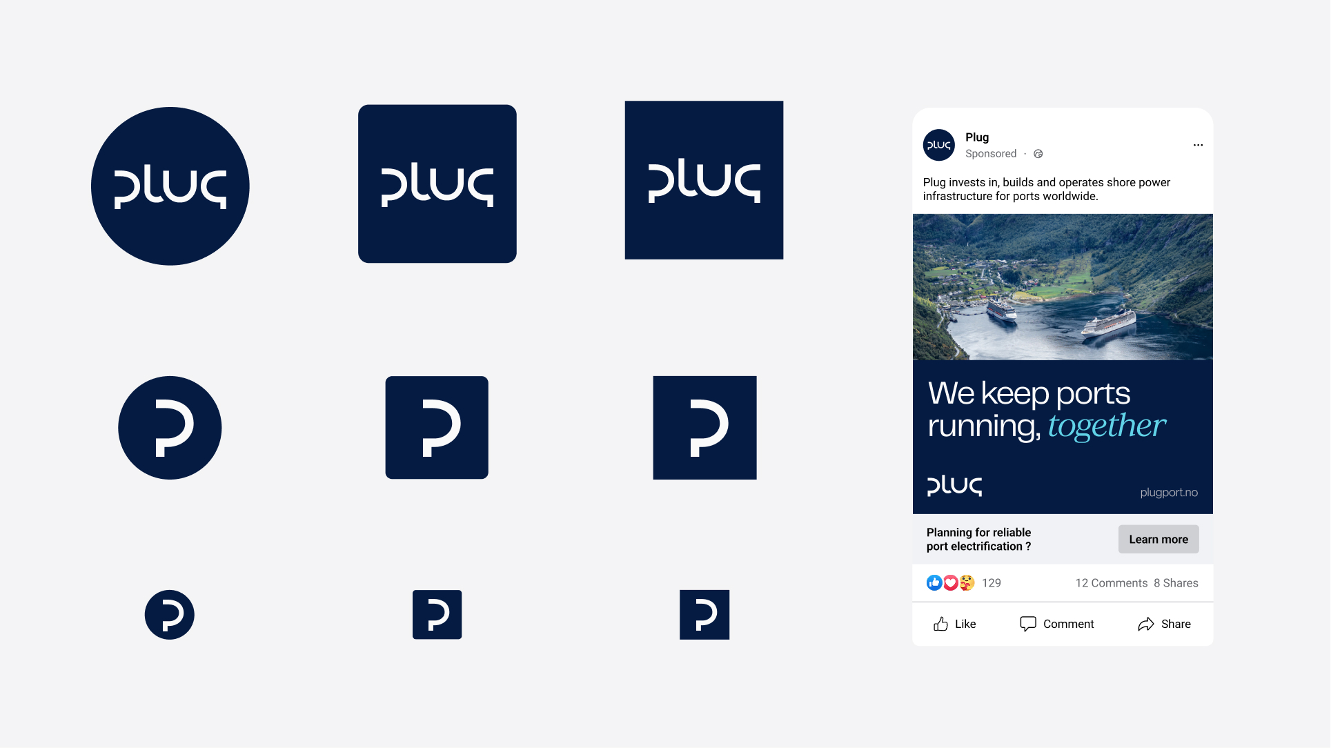 Various Plug logos in dark blue on a white background next to a Plug social media ad showing two cruise ships in a fjord with text 'We keep ports running, together'.