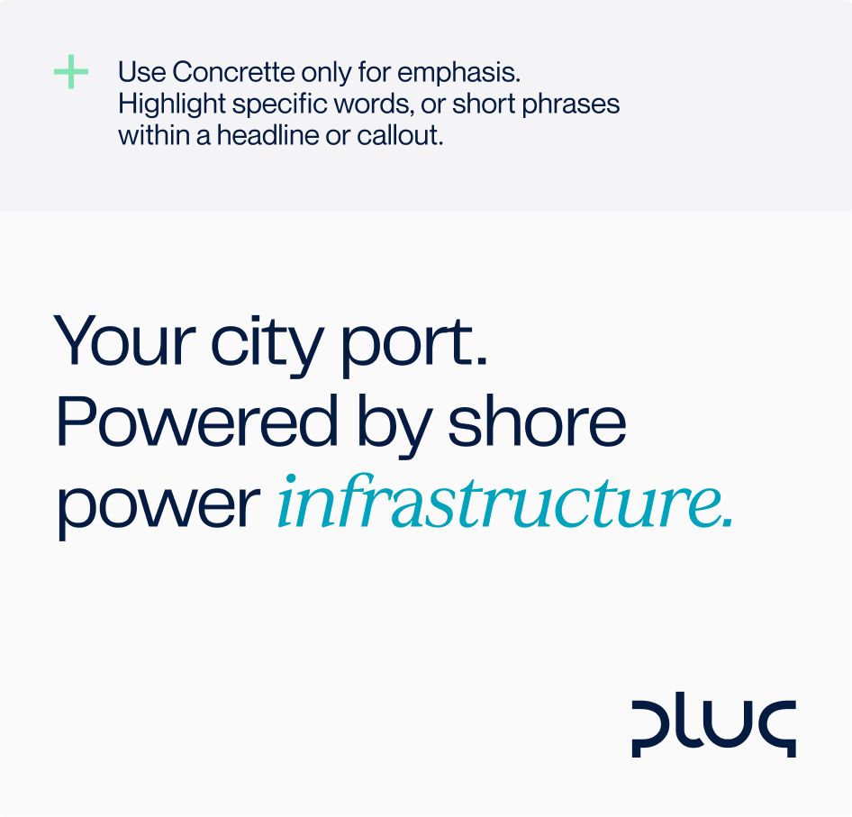 Text advising to use Concrete for emphasis on specific words or short phrases, followed by headline: Your city port. Powered by shore power infrastructure.
