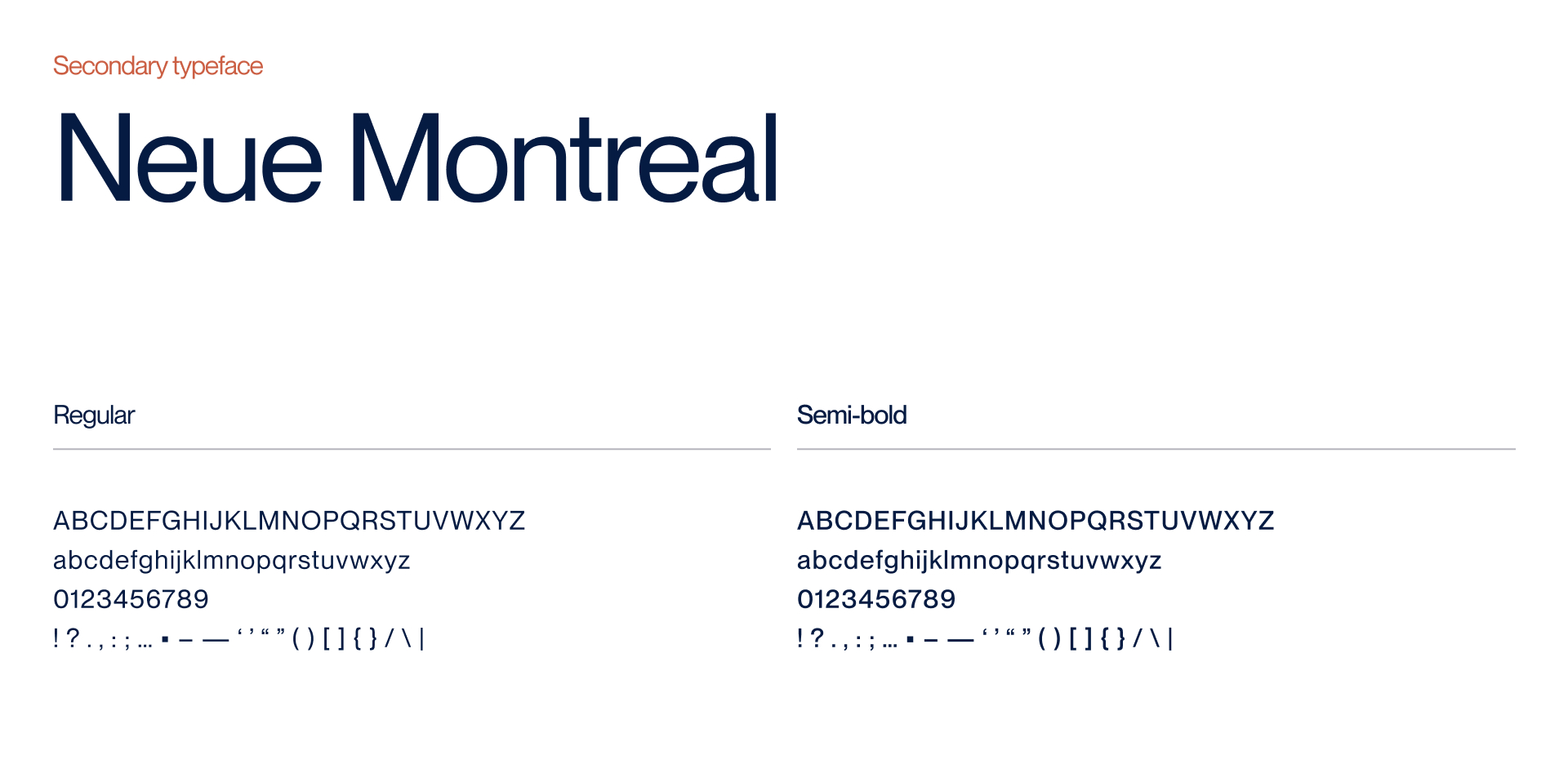 Specimen of Neue Montreal typeface showing regular and semi-bold weights with uppercase, lowercase letters, numbers, and punctuation marks.