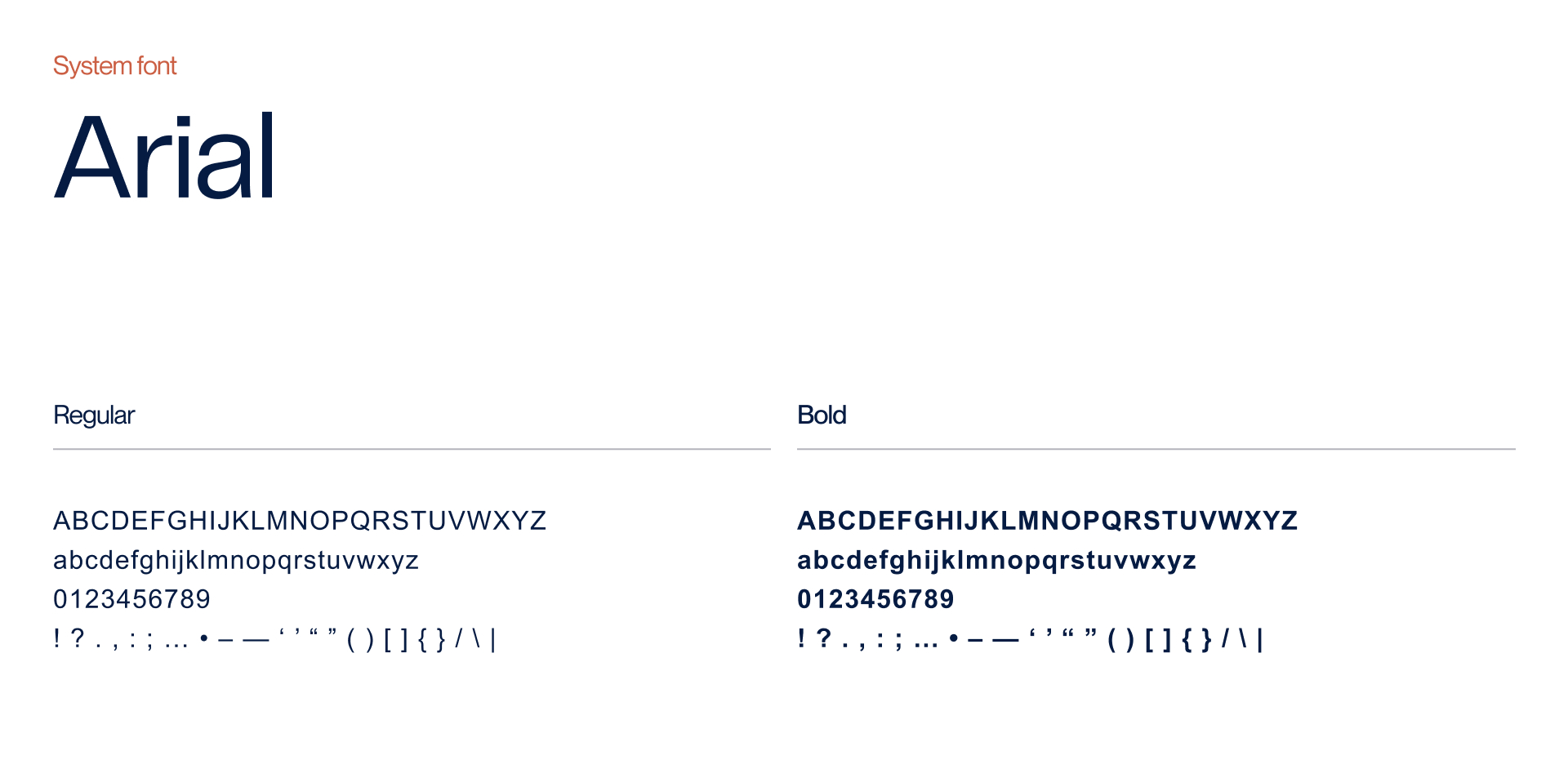 Typography overview displaying Arial system font in regular and bold styles with uppercase, lowercase letters, numbers, and special characters.
