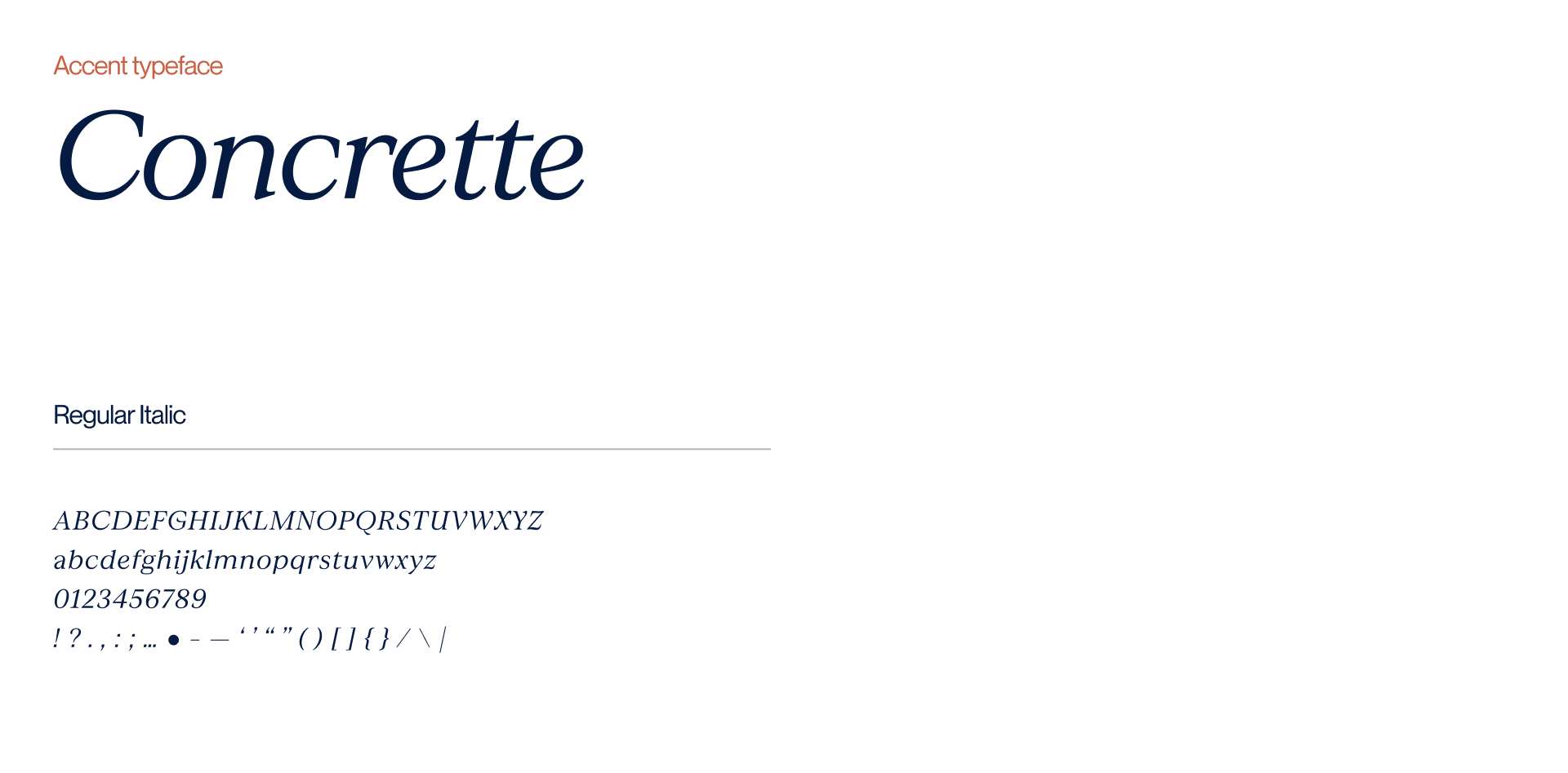 Typography sample showing the accent typeface Concrette in regular italic style with uppercase, lowercase, numerals, and punctuation.