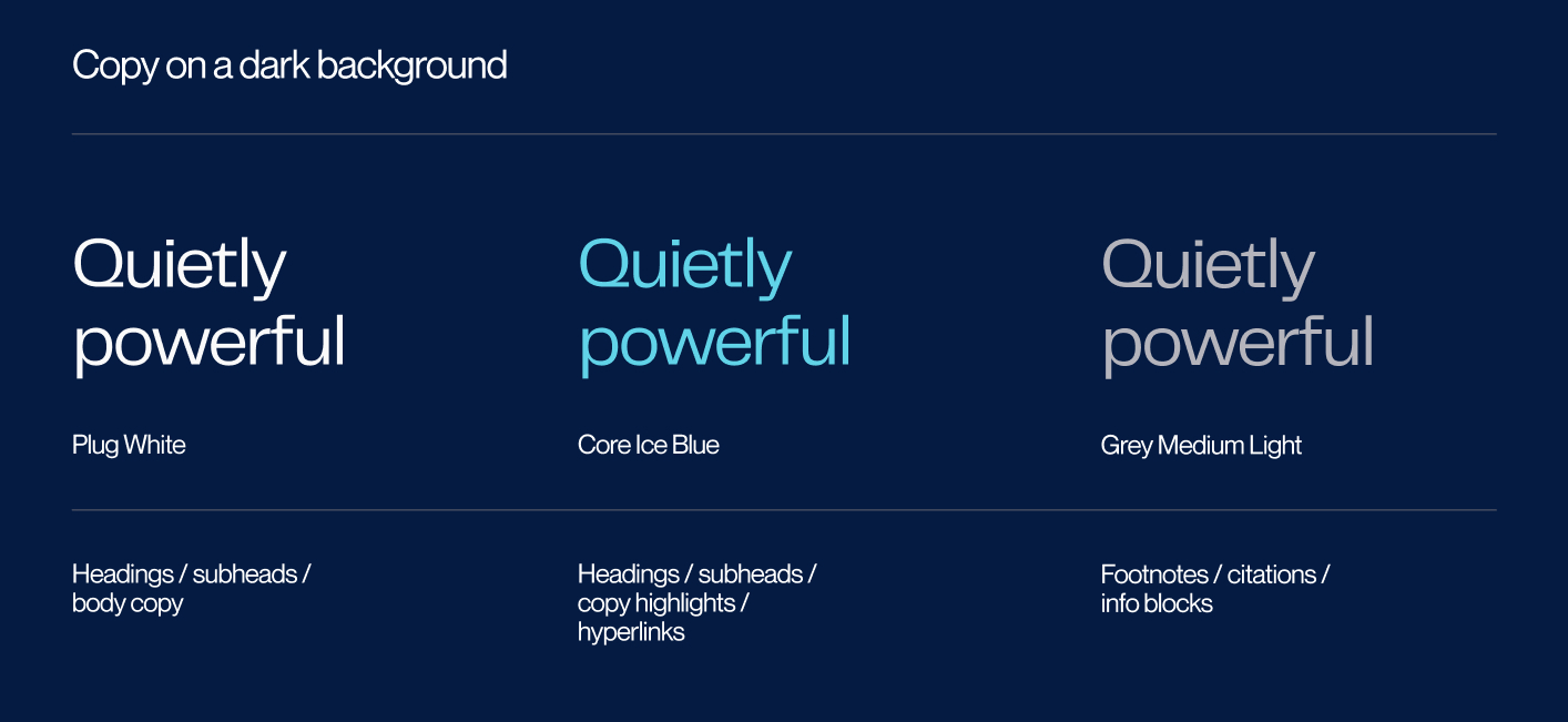 Three examples of text on a dark blue background showing font color usage: Plug White for body copy, Core Ice Blue for highlights and hyperlinks, and Grey Medium Light for footnotes and citations.