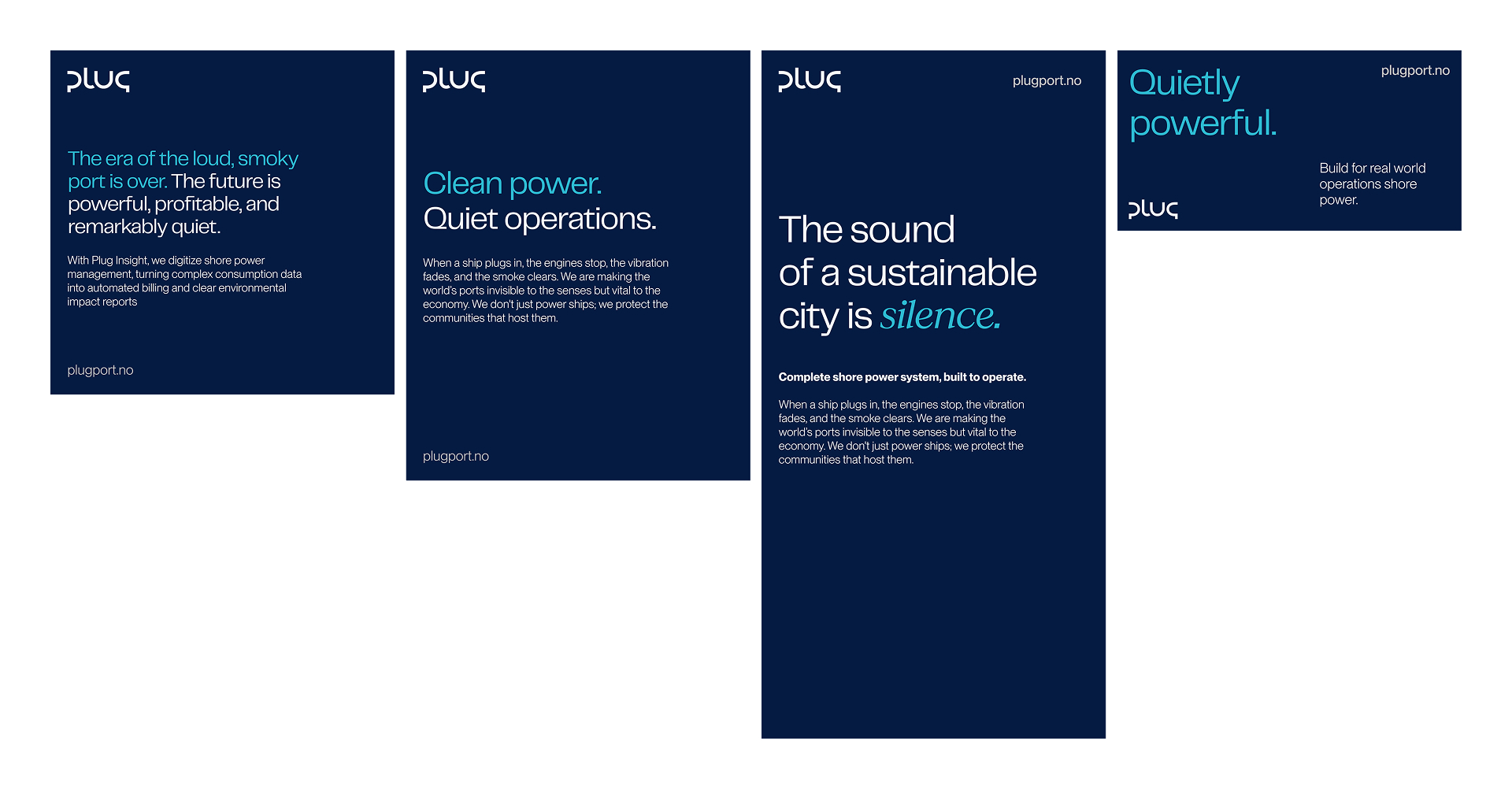 Four dark blue panels with white and light blue text about quiet, powerful, and sustainable shore power solutions by Plug, highlighting clean energy and environmental benefits.