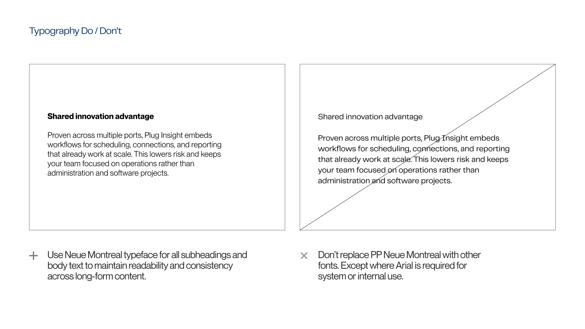 Typography guidelines showing a do and don’t example: do use Neue Montreal typeface for subheadings and body text for readability and consistency; don’t replace PP Neue Montreal with other fonts except Arial for system use.