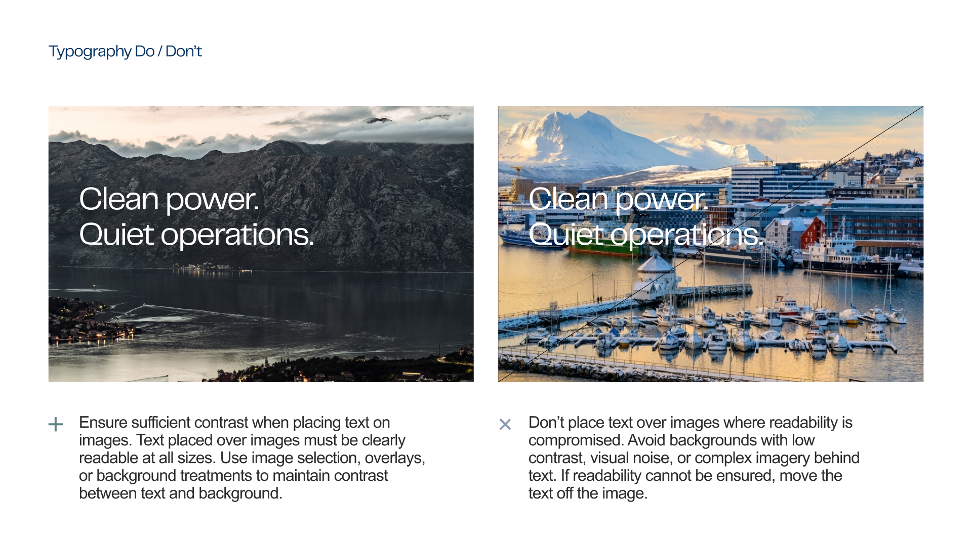 Two side-by-side images comparing typography readability: left shows white text 'Clean power. Quiet operations.' clearly visible on a dark mountain landscape; right shows the same text less readable over a bright marina with boats and buildings.