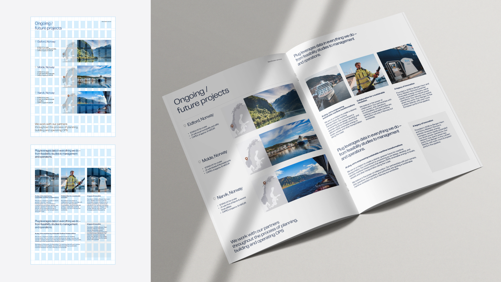 Open magazine spread showing ongoing and future projects in Norway with photos of fjords, harbors, and maps marking Eidfjord, Molde, and Narvik locations, alongside text about sustainable maritime transformations and innovation legacy.