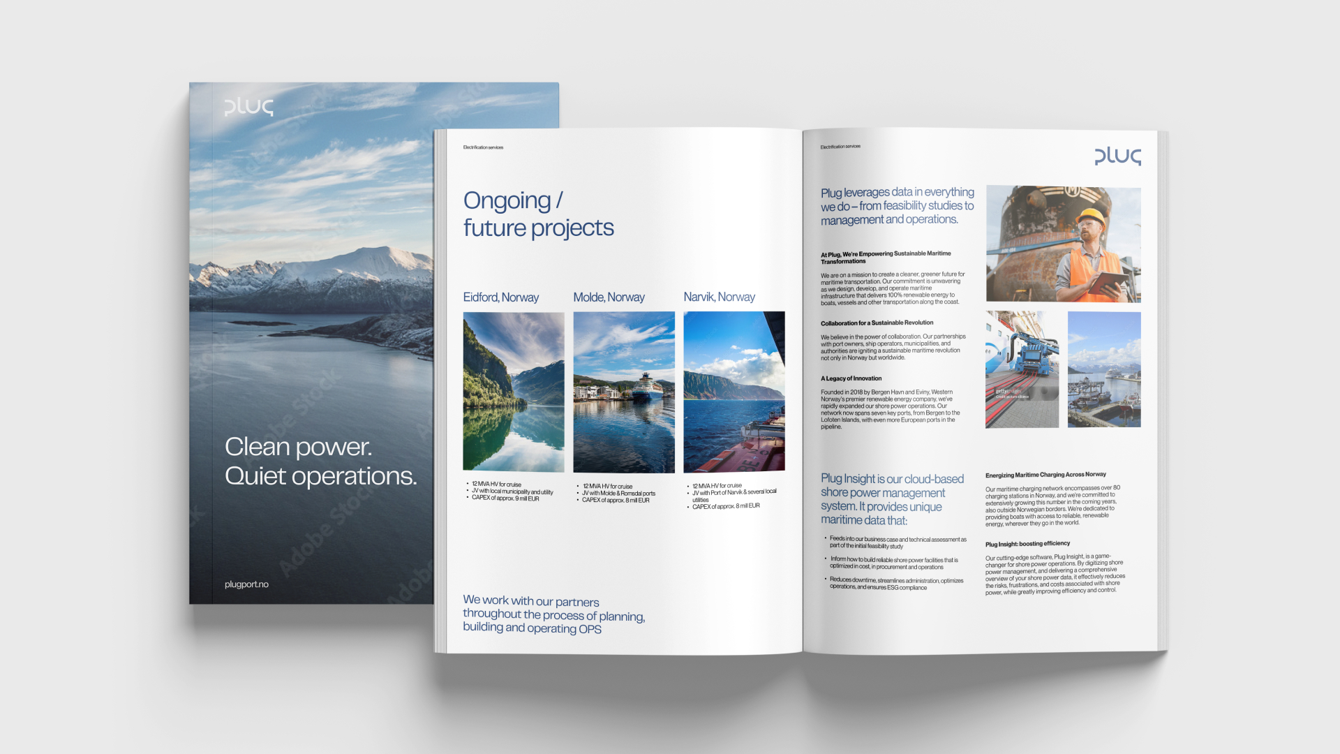 Open brochure showing Plug's ongoing and future projects in Eidfjord, Molde, and Narvik, Norway, with images of scenic ports and text about sustainable maritime energy solutions.