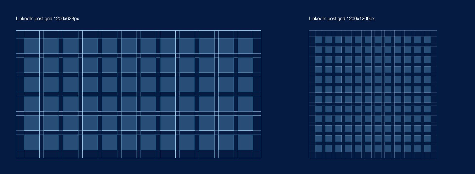 Two dark blue grid layouts on a navy background labeled LinkedIn post grid with dimensions 1200x628px and 1200x1200px showing rectangular and square cell arrangements respectively.