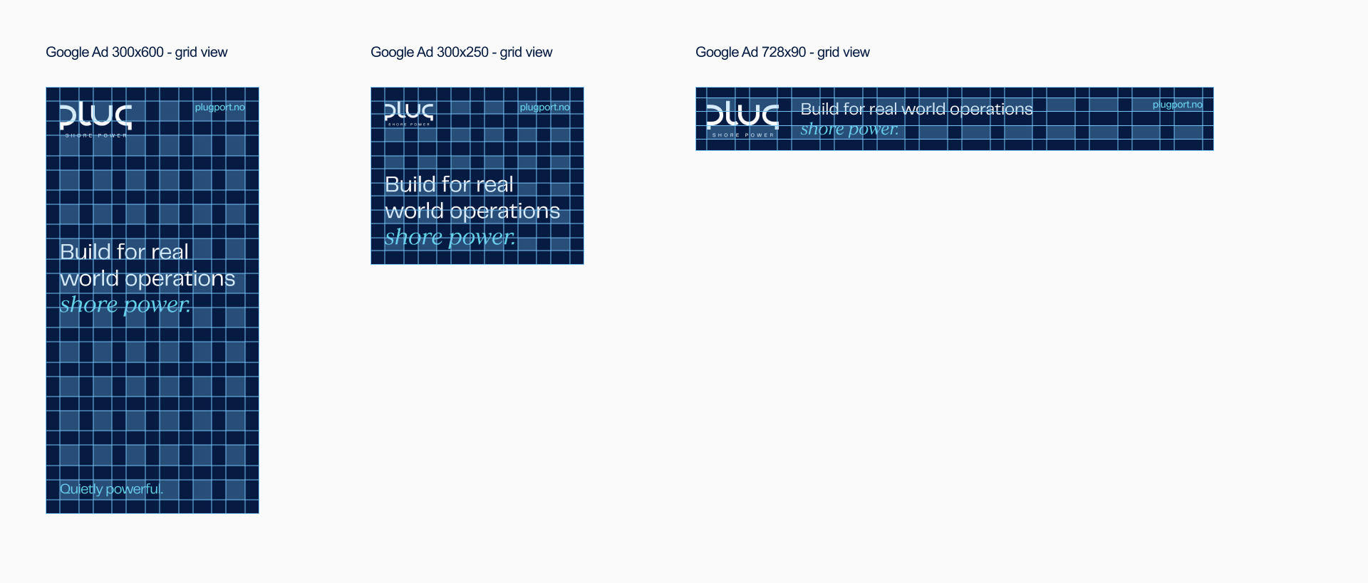Three grid-layout Google ads in different sizes for Plug Shore Power with text 'Build for real world operations shore power.'