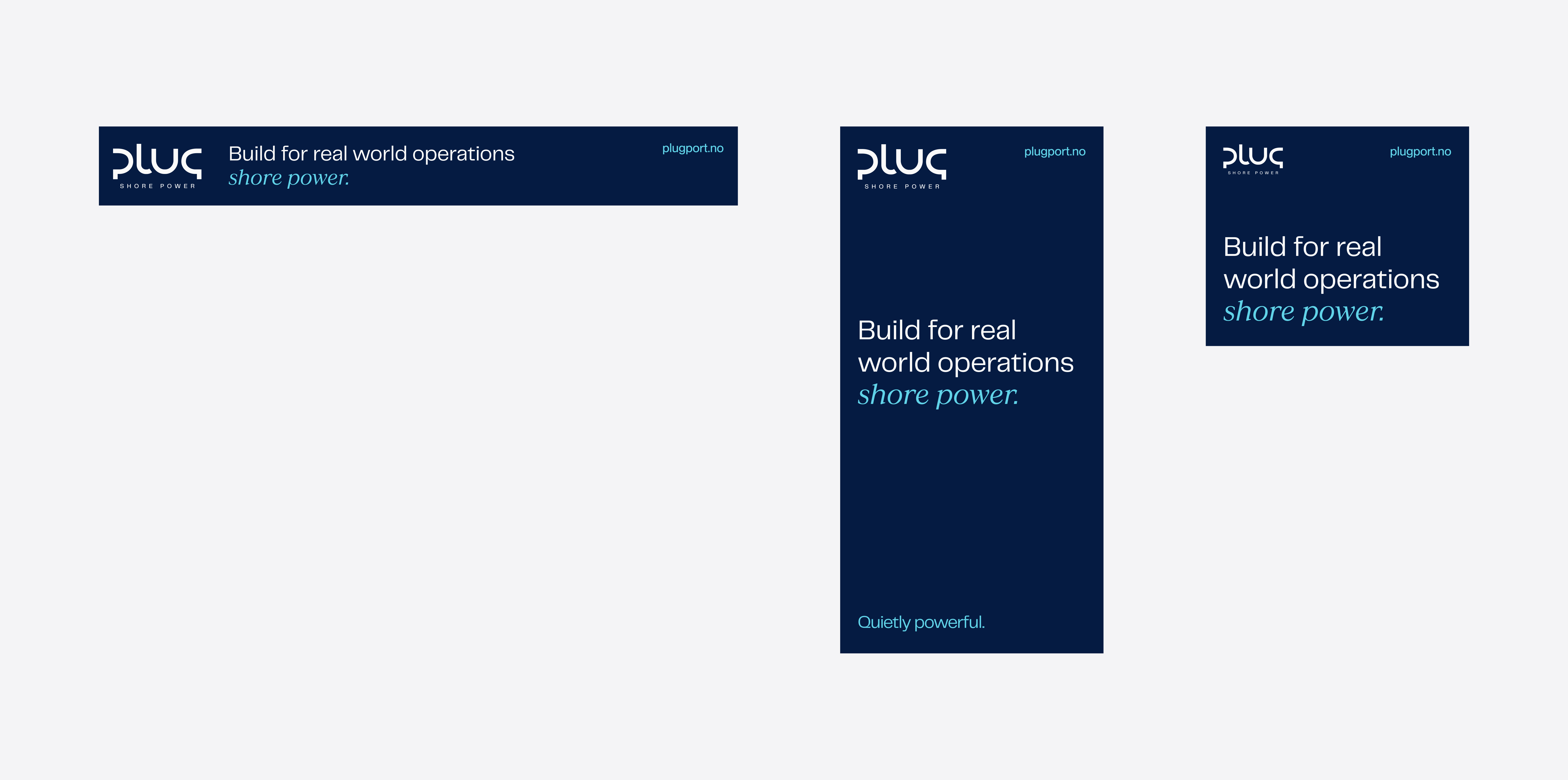 Three dark blue Pluq shore power ads with texts: Build for real world operations shore power and plugport.no.